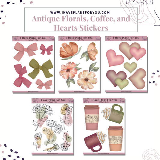 Antique Florals Coffee and Heart Sticker Set