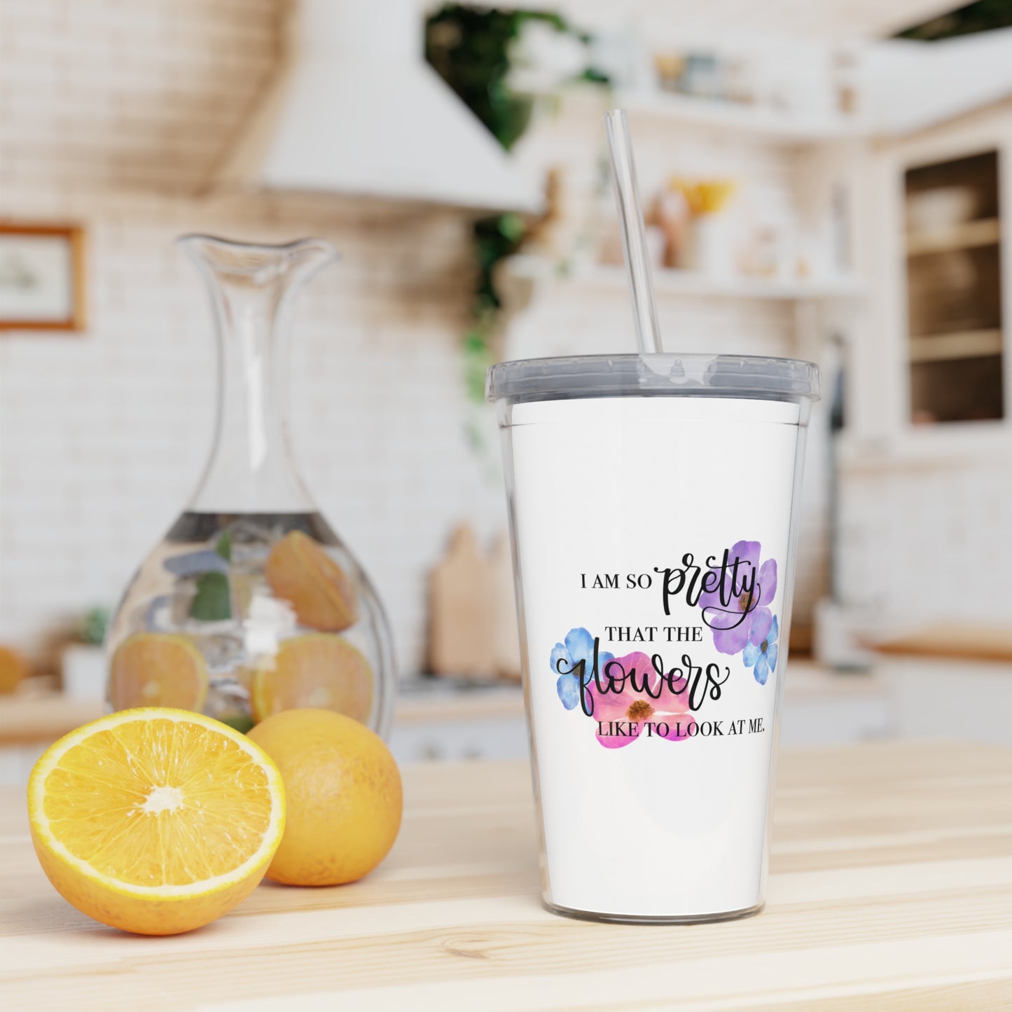 Watercolor Spring Floral Hand-Lettered Plastic Tumbler with Straw