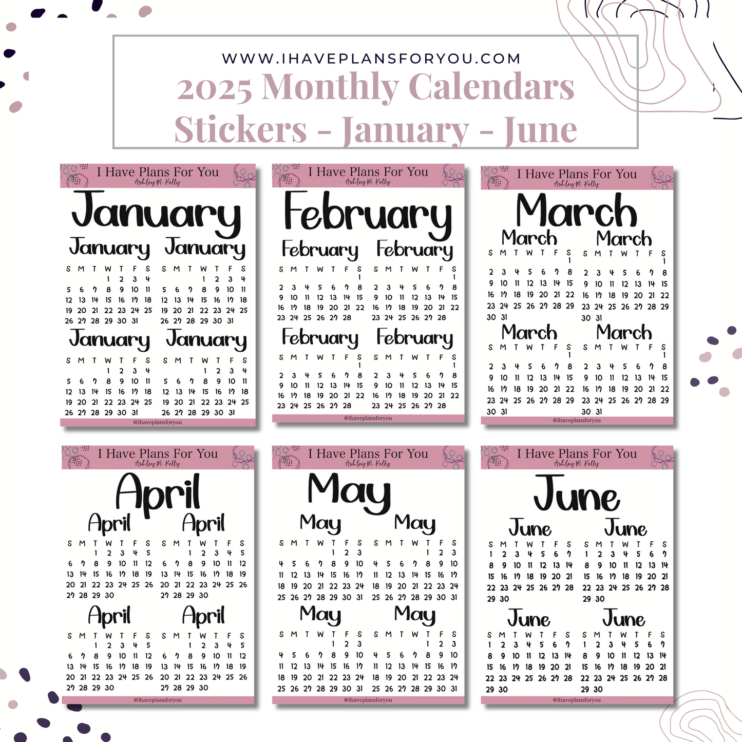 2025 Monthly Calendar Stickers January - June