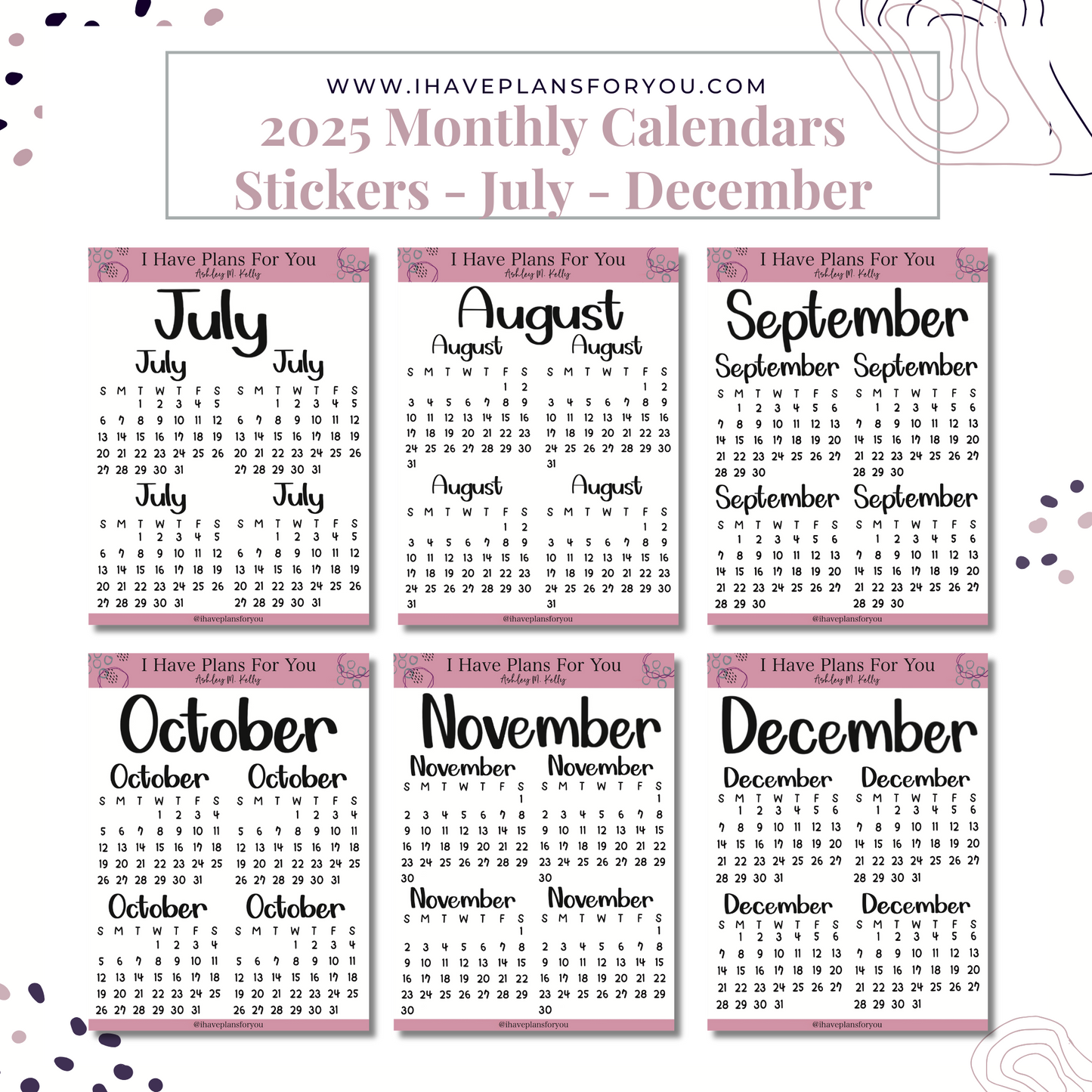 2025 Monthly Calendar Stickers July - December