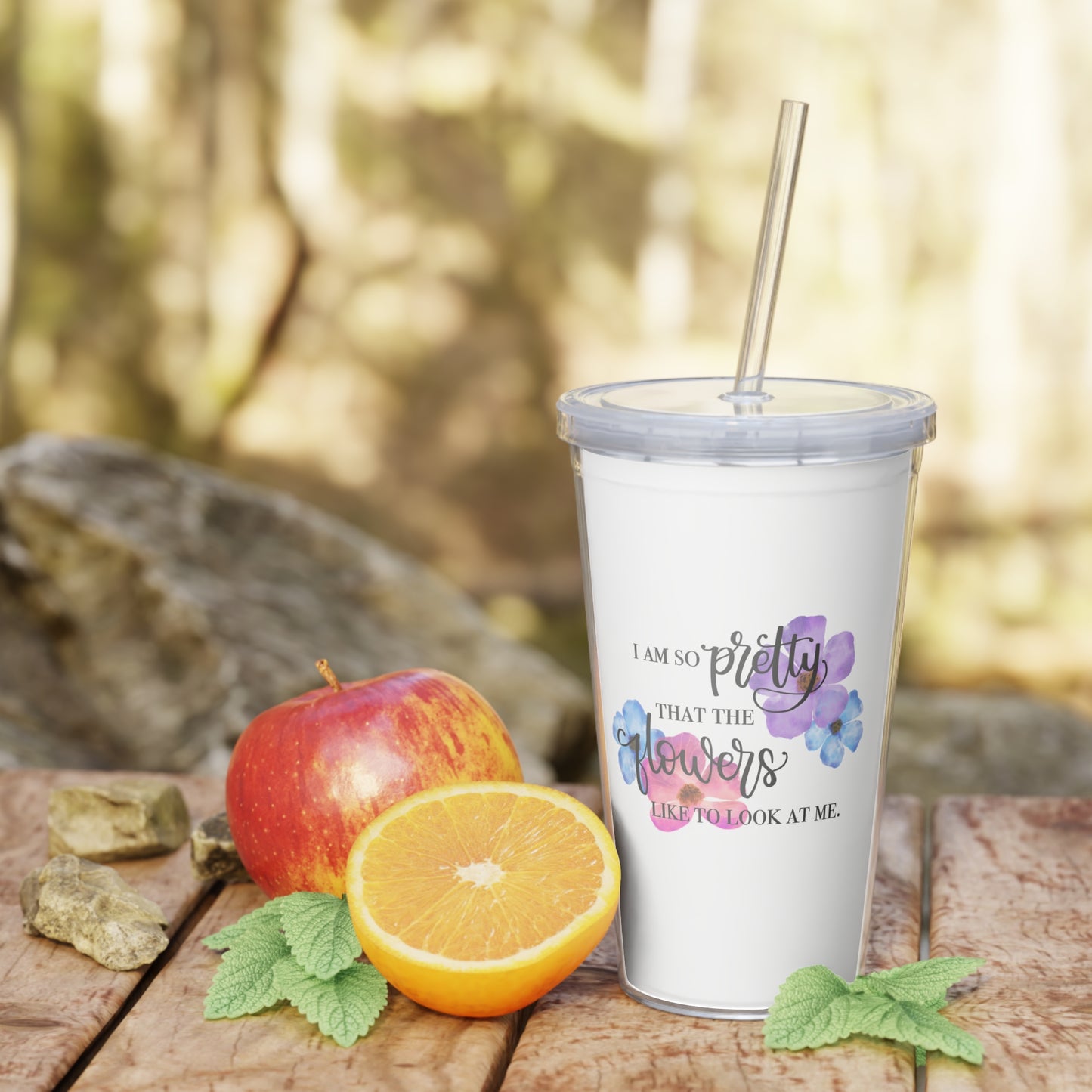 Watercolor Spring Floral Hand-Lettered Plastic Tumbler with Straw