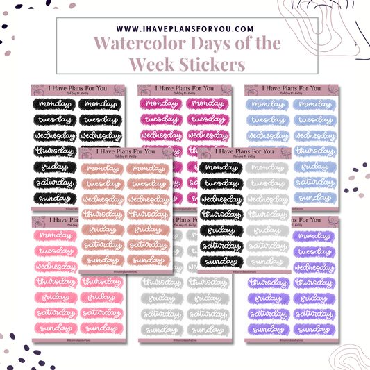 Watercolor Days of the Week Hand Lettered Stickers