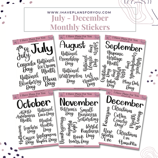 Monthly Holiday Stickers July - December Set